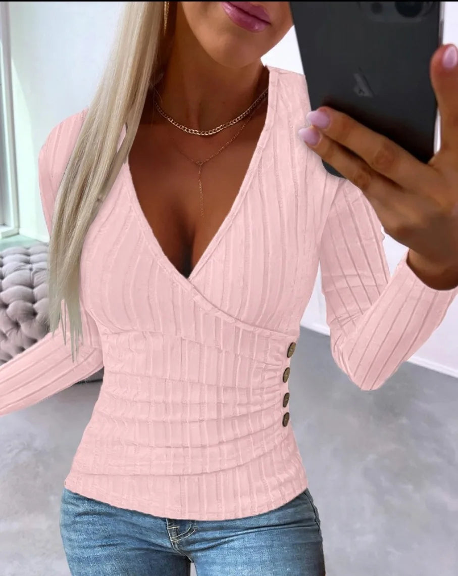 Women's Ribbed Knit Jumper with Wrap V Neck and Long Sleeves