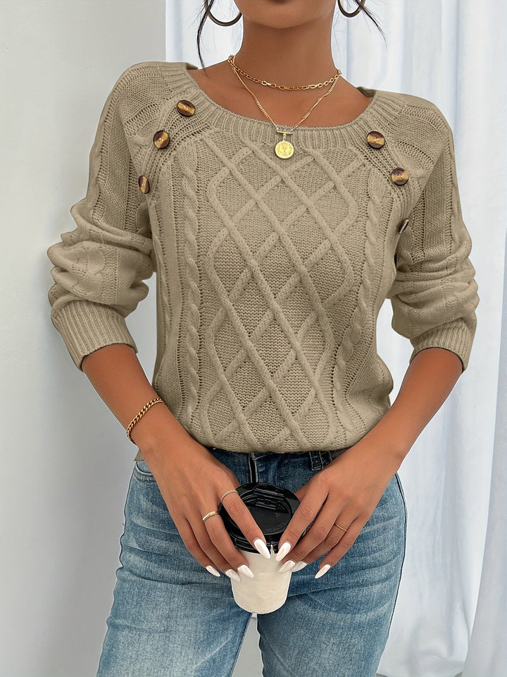 Women's Cable Knit Jumper with Button Shoulder Detail and Round Neck