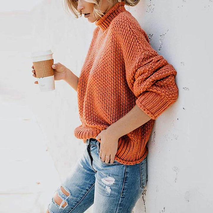 Women's Chunky Knitted Jumper with Roll Neck and Relaxed Fit