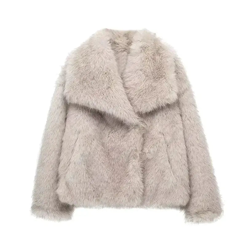 Women's Faux Fur Jacket with Oversized Collar and Relaxed Fit