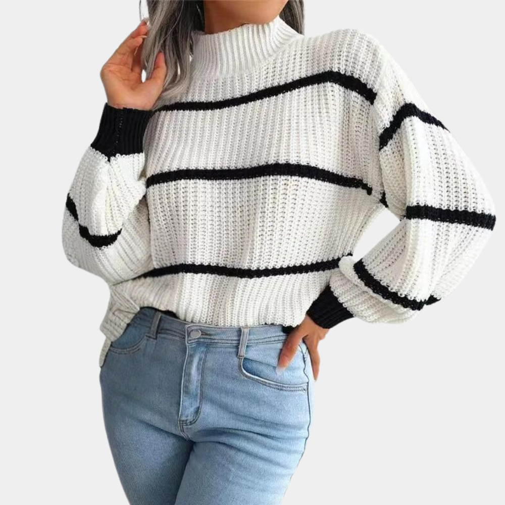 Women's Striped Turtleneck Jumper with Relaxed Fit and Ribbed Knit