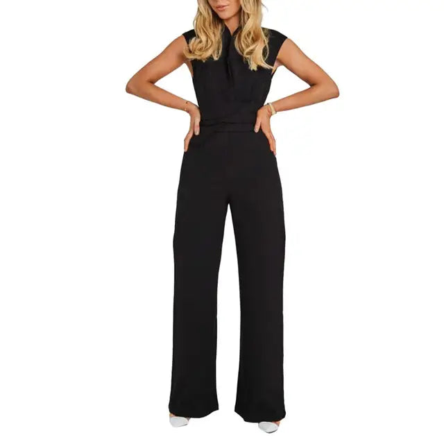Women's Tailored Jumpsuit with Collared Neck and Wide Leg Design