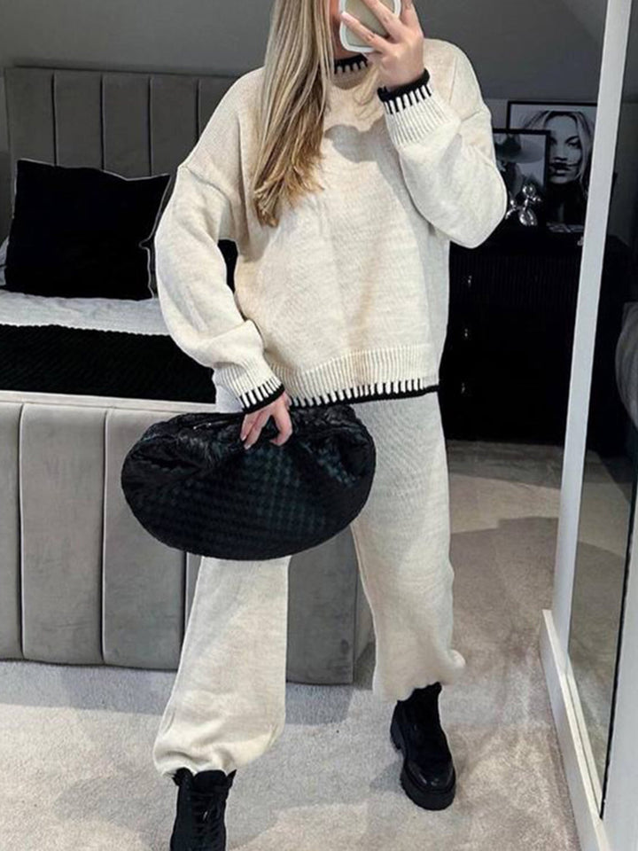 Women's Knit Co Ord Set with Contrast Trim Jumper and Wide Leg Trousers