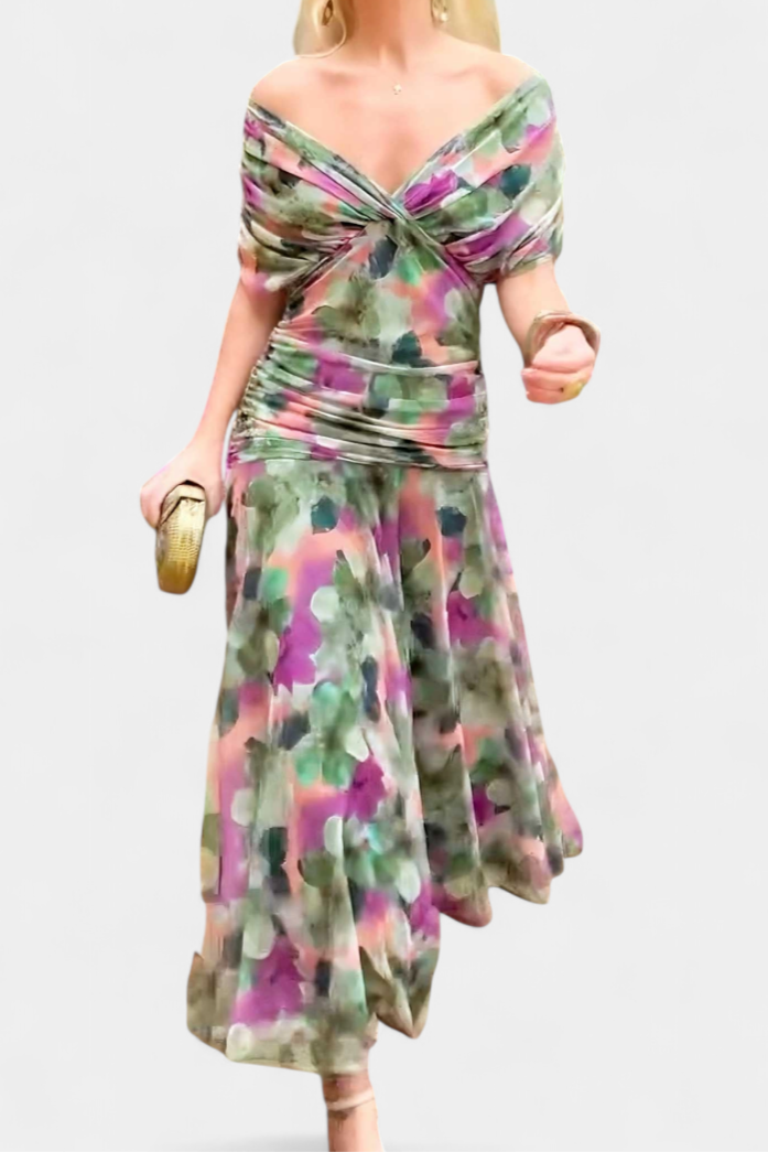 Women's Wedding Guest Maxi Dress with Off Shoulder V Neck