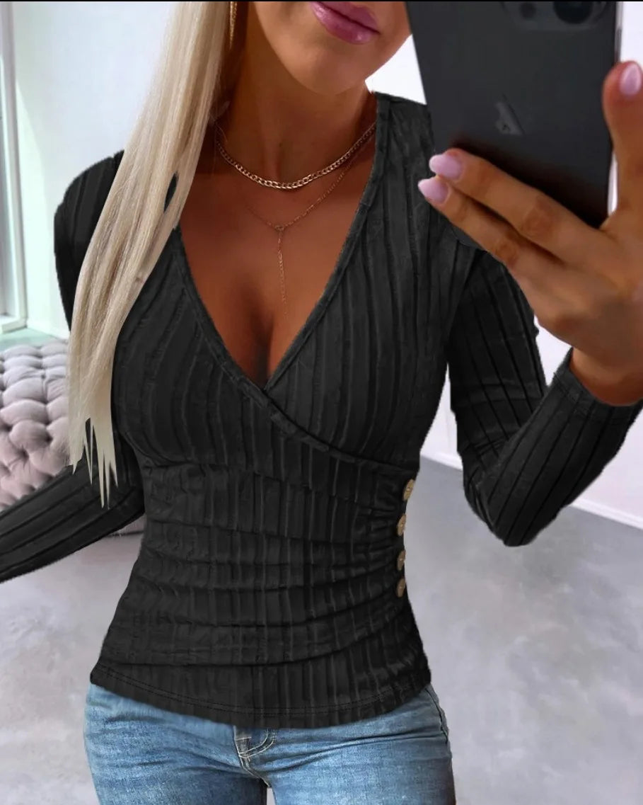 Women's Ribbed Knit Jumper with Wrap V Neck and Long Sleeves