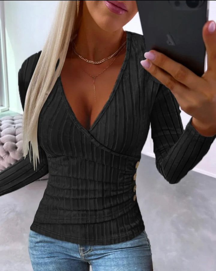 Women's Ribbed Knit Jumper with Wrap V Neck and Long Sleeves