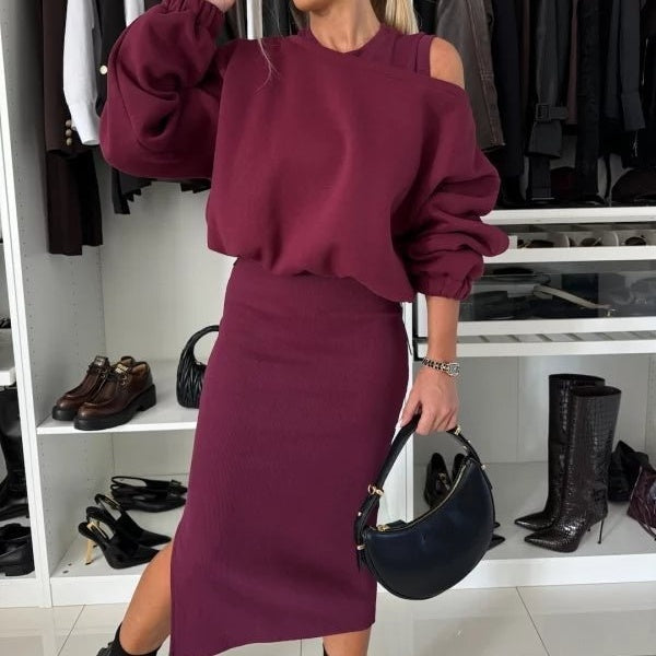 Women's Knit Co Ord Set with Cold Shoulder Jumper and Midi Skirt