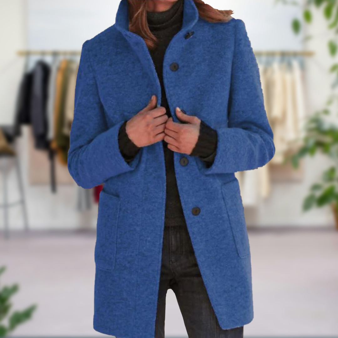 Women's Funnel Neck Longline Coat with Button Front and Tailored Fit