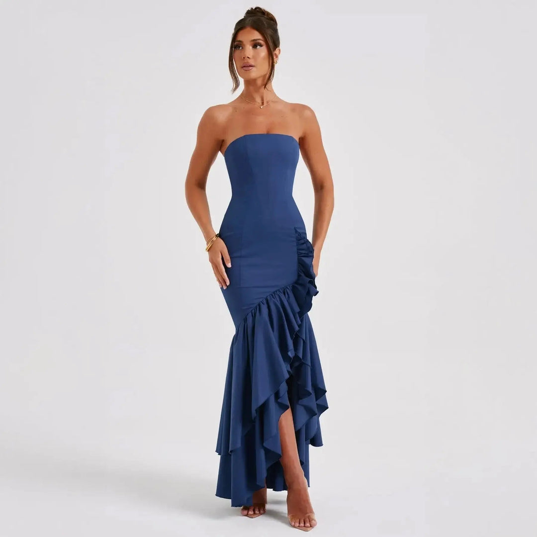 Women's Strapless Maxi Dress with Ruched Detail and Ruffle Hem