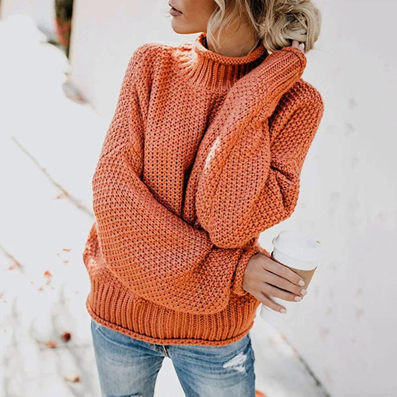 Women's Chunky Knitted Jumper with Roll Neck and Relaxed Fit
