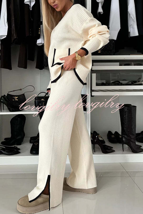 Women's Knitted Co-Ord Set with Button Front Cardigan and Wide Leg Trousers