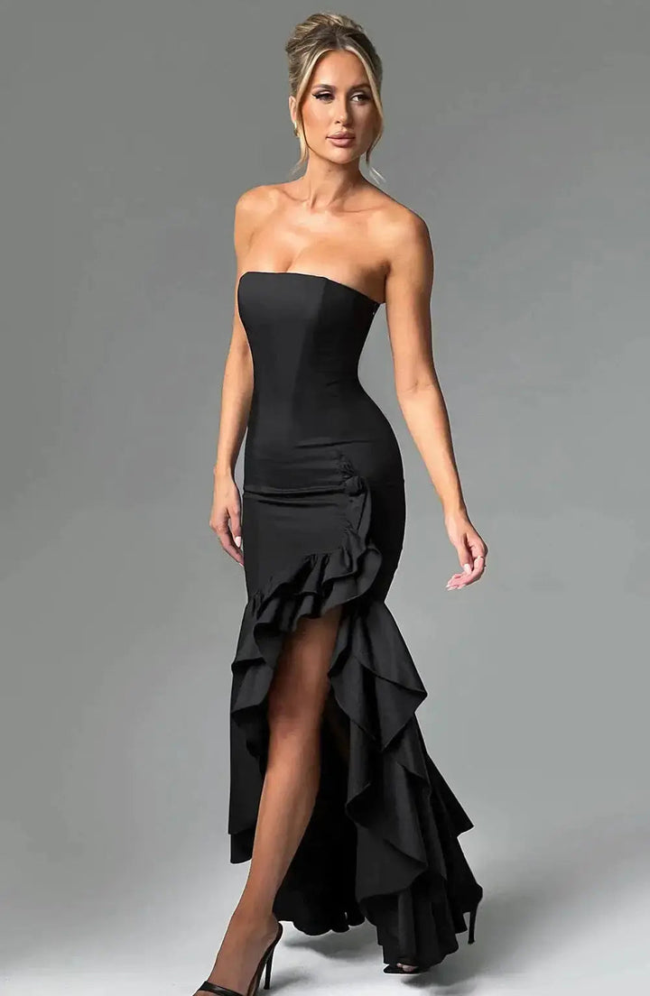 Women's Strapless Maxi Dress with Ruched Detail and Ruffle Hem