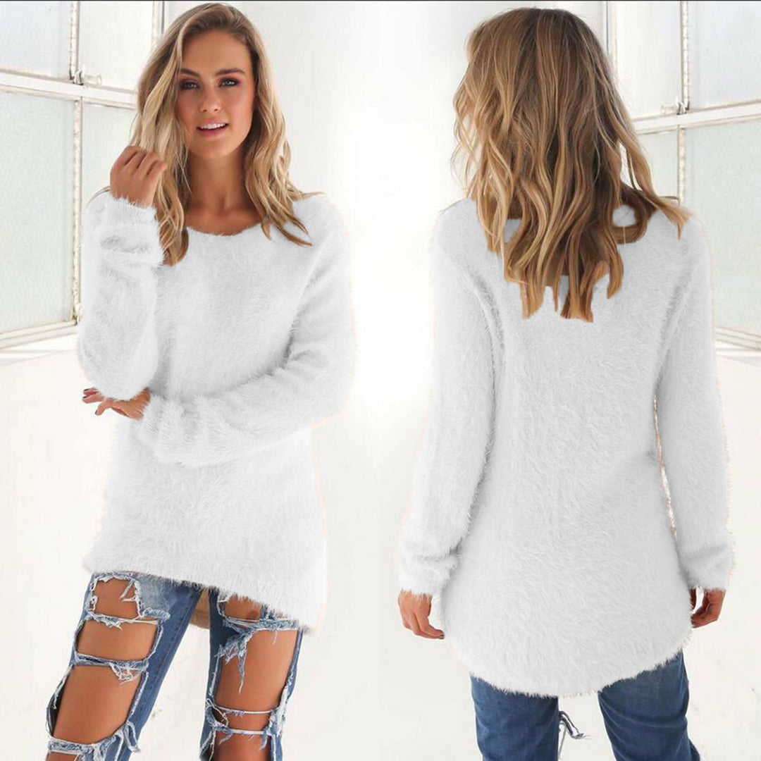 Women's Longline Knitted Jumper with Round Neck and Relaxed Fit