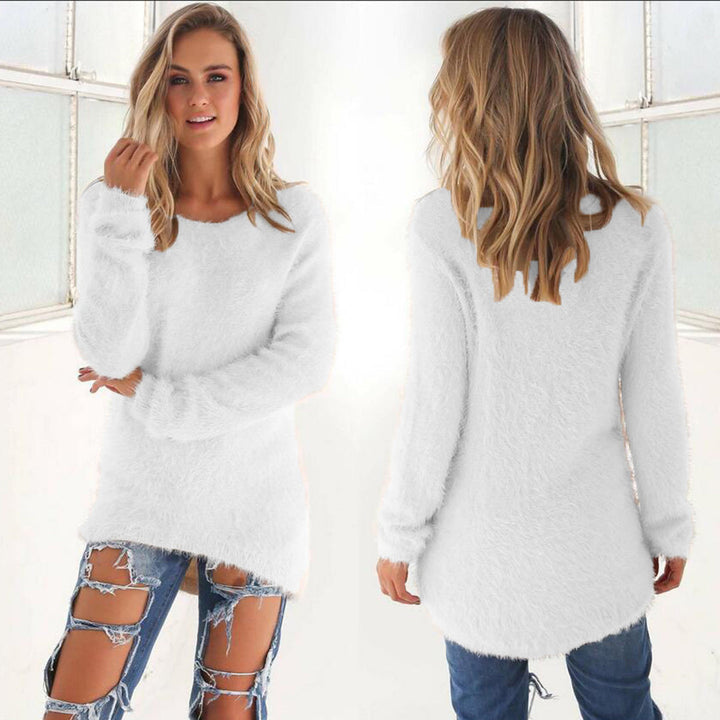Women's Longline Knitted Jumper with Round Neck and Relaxed Fit