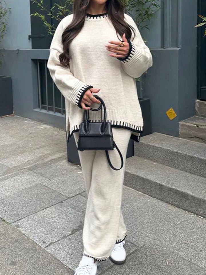 Women's Knit Co Ord Set with Contrast Trim Jumper and Wide Leg Trousers