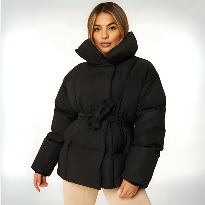 Women's Belted Puffer Jacket with High Collar and Quilted Design