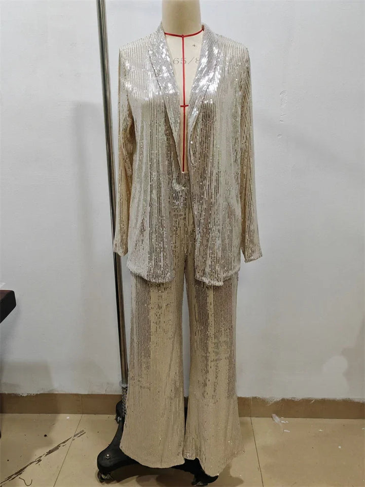 Women's Sequin Co-Ord Set with Tailored Blazer and Wide Leg Trousers
