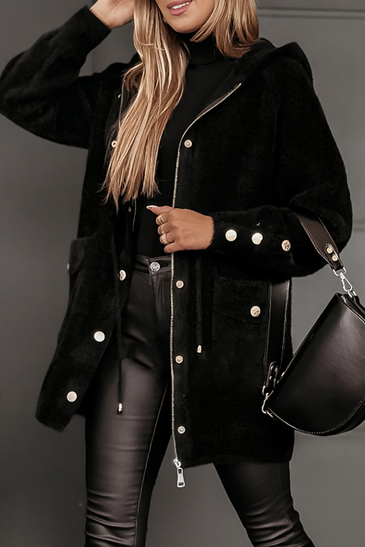 Women's Hooded Coat with Faux Fur Trim and Button Detail