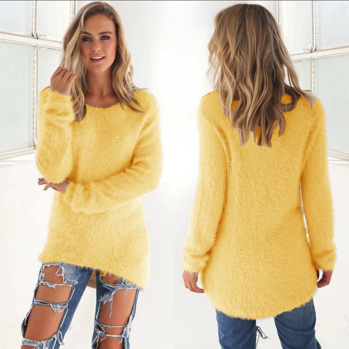Women's Longline Knitted Jumper with Round Neck and Relaxed Fit
