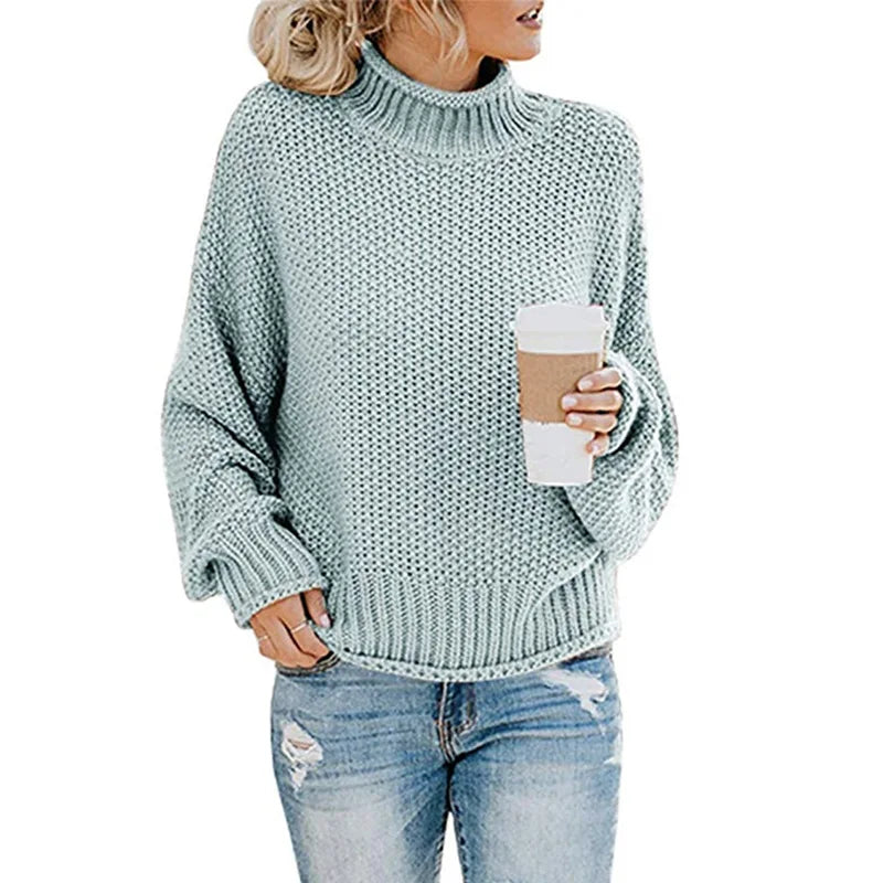 Women's Chunky Knitted Jumper with Roll Neck and Relaxed Fit