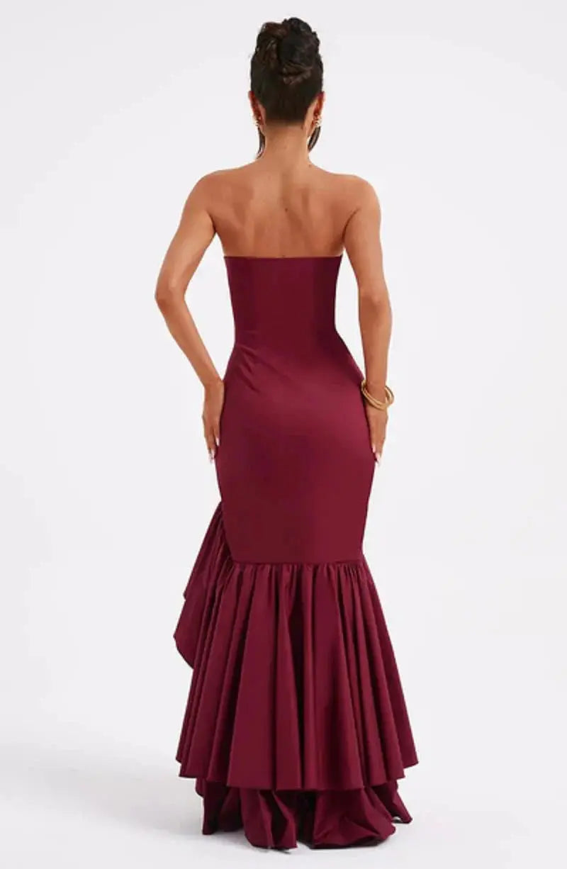 Women's Strapless Maxi Dress with Ruched Detail and Ruffle Hem