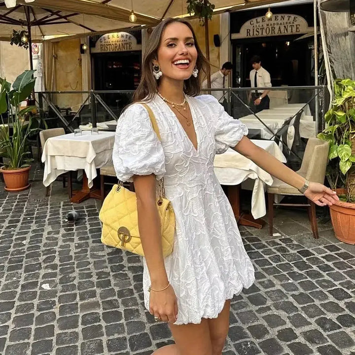 Women's Occasion Mini Dress with Floral Jacquard and Puff Sleeves