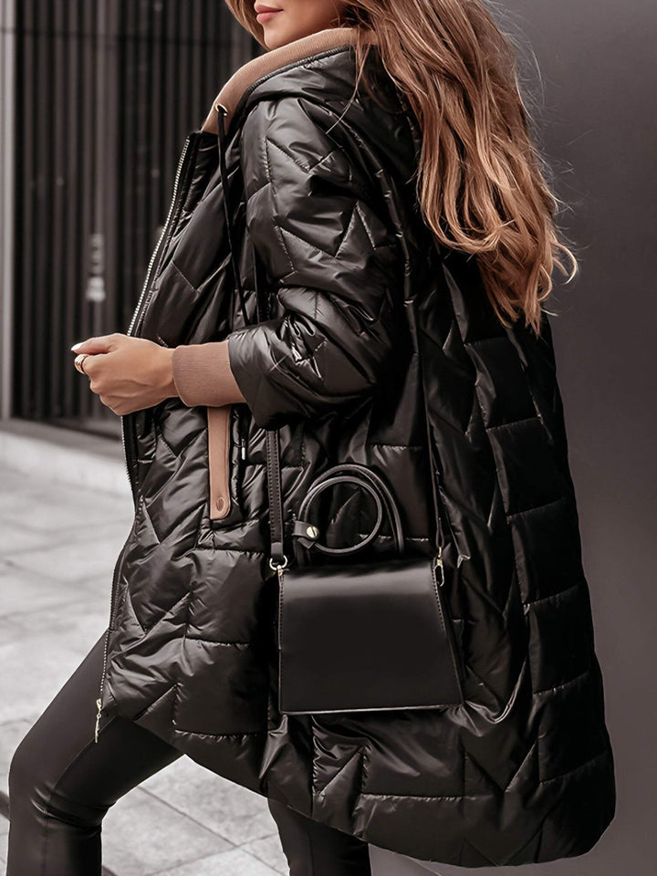 Women's Longline Puffer Jacket with Hood and Quilted Design