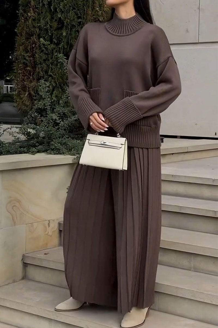 Women's Knitted Co-Ord Set with Long Sleeve Top and Pleated Wide Leg Trousers