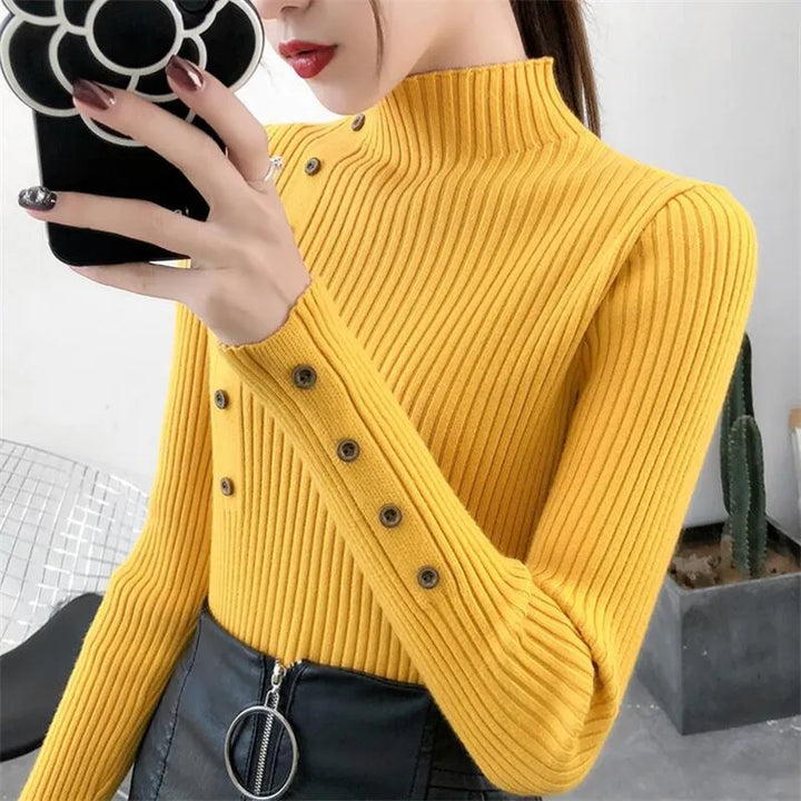 Women's Knitted Jumper with High Neck and Button Detail