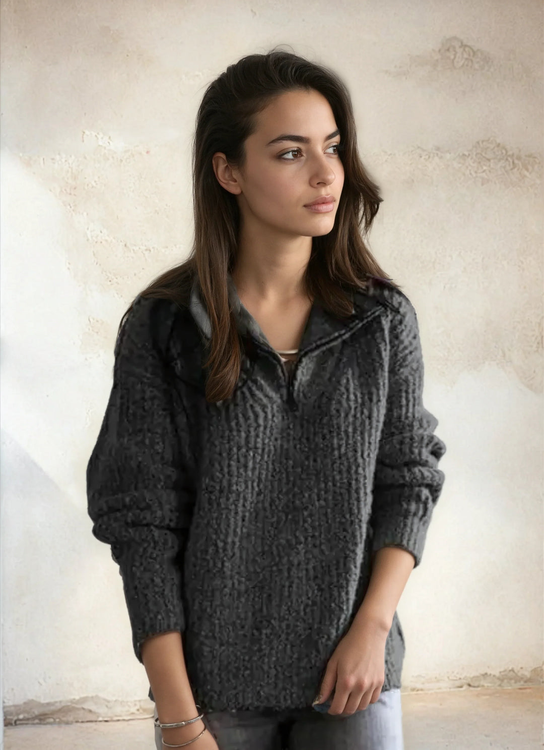 Women's Knit Jumper with V Neck and Long Sleeves