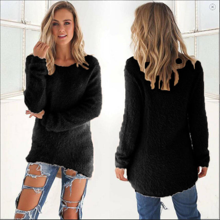 Women's Longline Knitted Jumper with Round Neck and Relaxed Fit