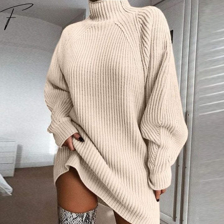 Women's Oversized Knitted Jumper with Roll Neck and Ribbed Texture