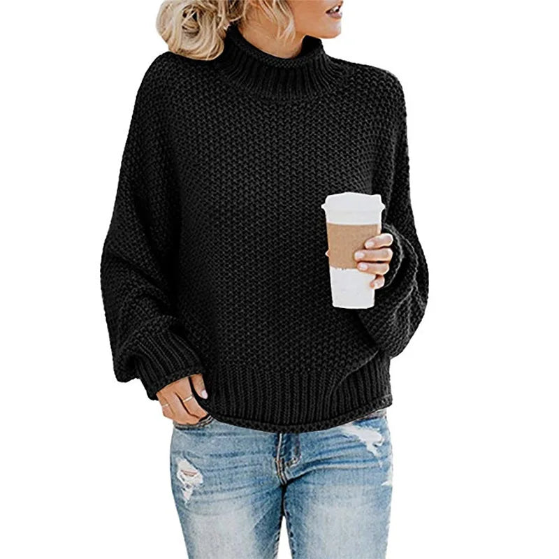 Women's Chunky Knitted Jumper with Roll Neck and Relaxed Fit