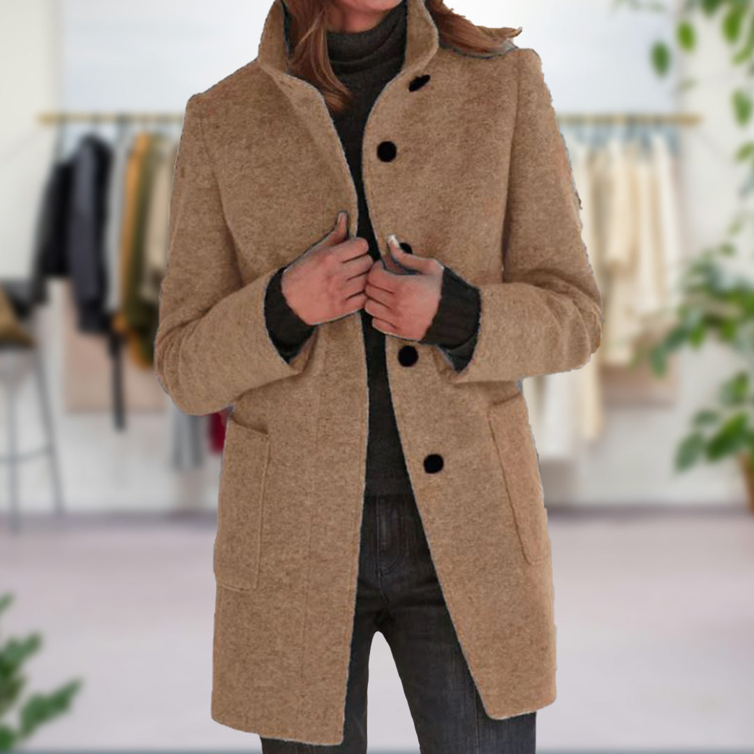 Women's Funnel Neck Longline Coat with Button Front and Tailored Fit