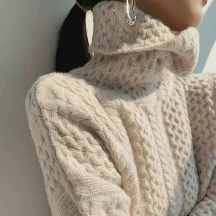 Women's Cable Knit Jumper with Roll Neck and Long Sleeves