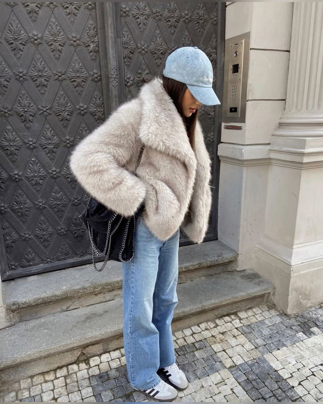 Women's Faux Fur Jacket with Oversized Collar and Relaxed Fit