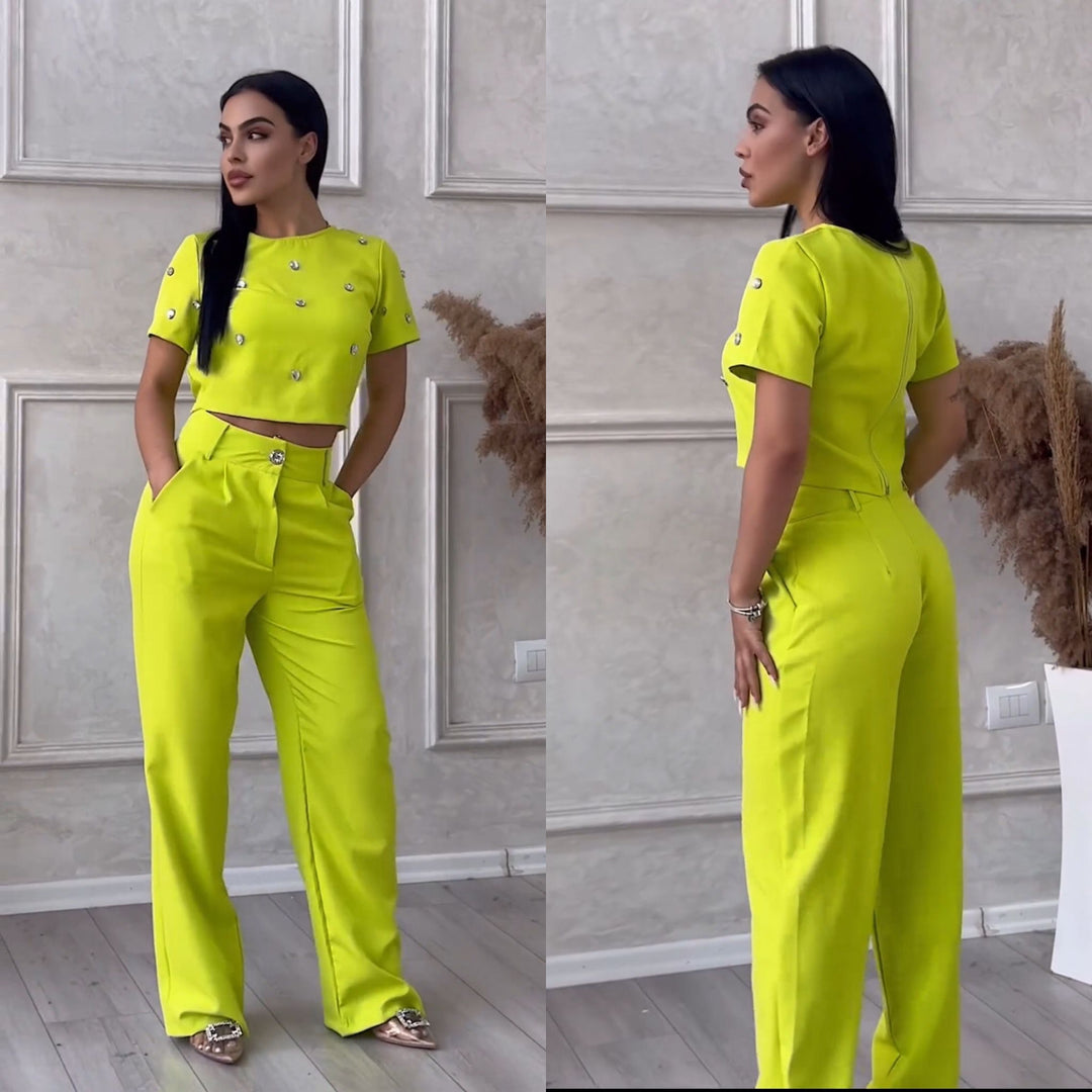 Women's Trouser Set with Short Sleeve Top and Wide Leg Trousers