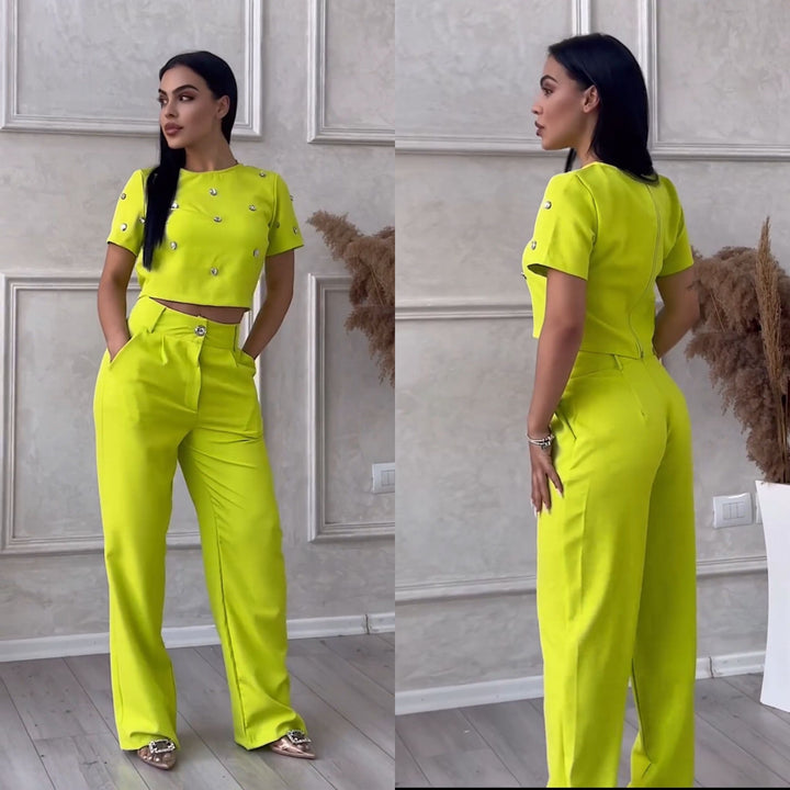 Women's Trouser Set with Short Sleeve Top and Wide Leg Trousers