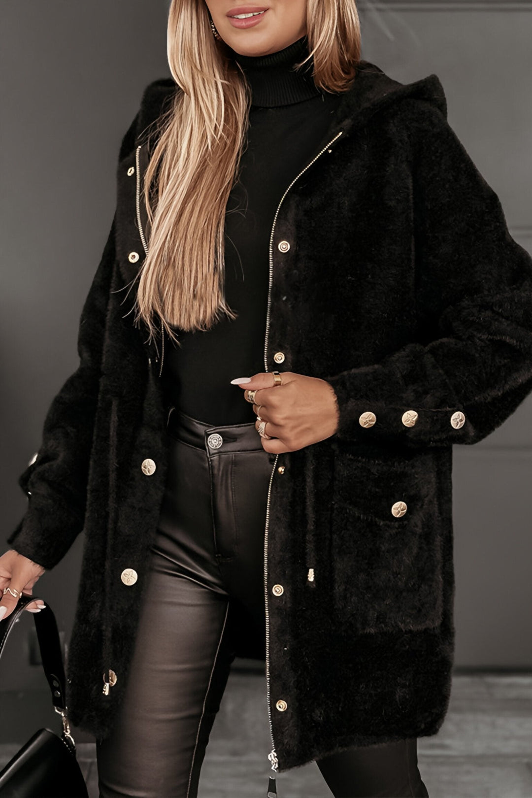 Women's Hooded Coat with Faux Fur Trim and Button Detail