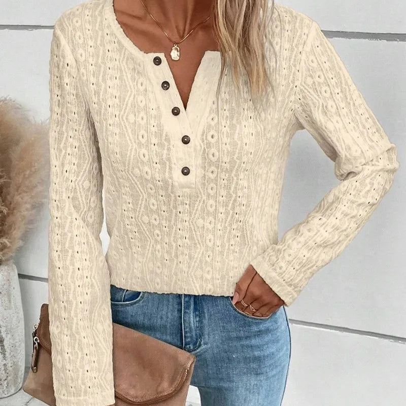 Women's Cable Knit Jumper with V Neck and Button Detail