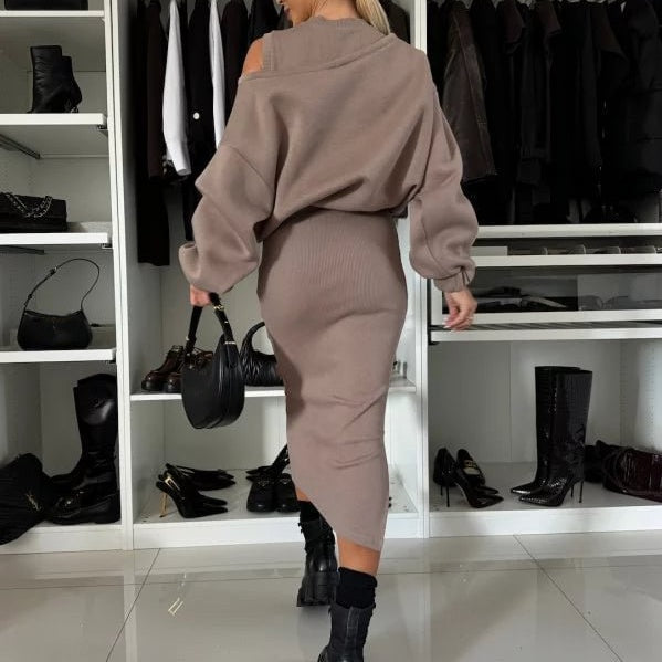 Women's Knit Co Ord Set with Cold Shoulder Jumper and Midi Skirt