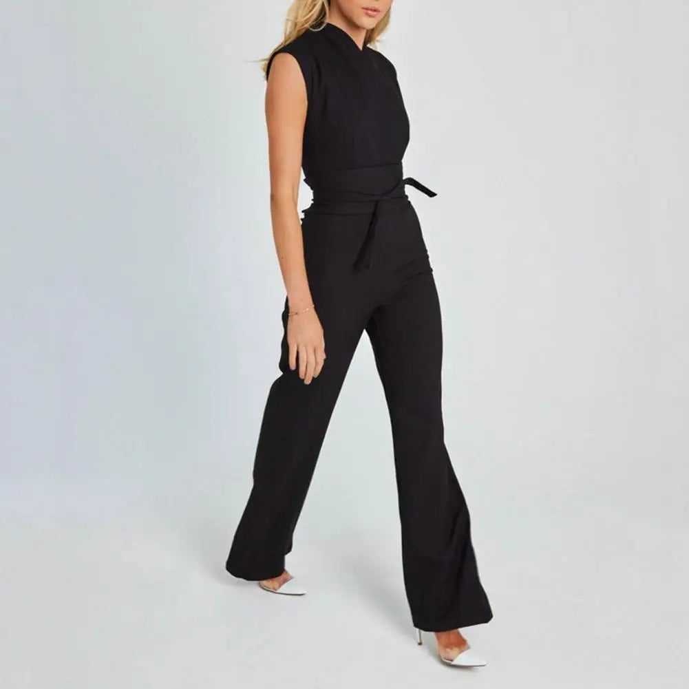 Women's Tailored Jumpsuit with Collared Neck and Wide Leg Design