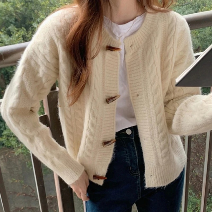 Women's Cable Knit Cardigan with Crew Neck and Button Front