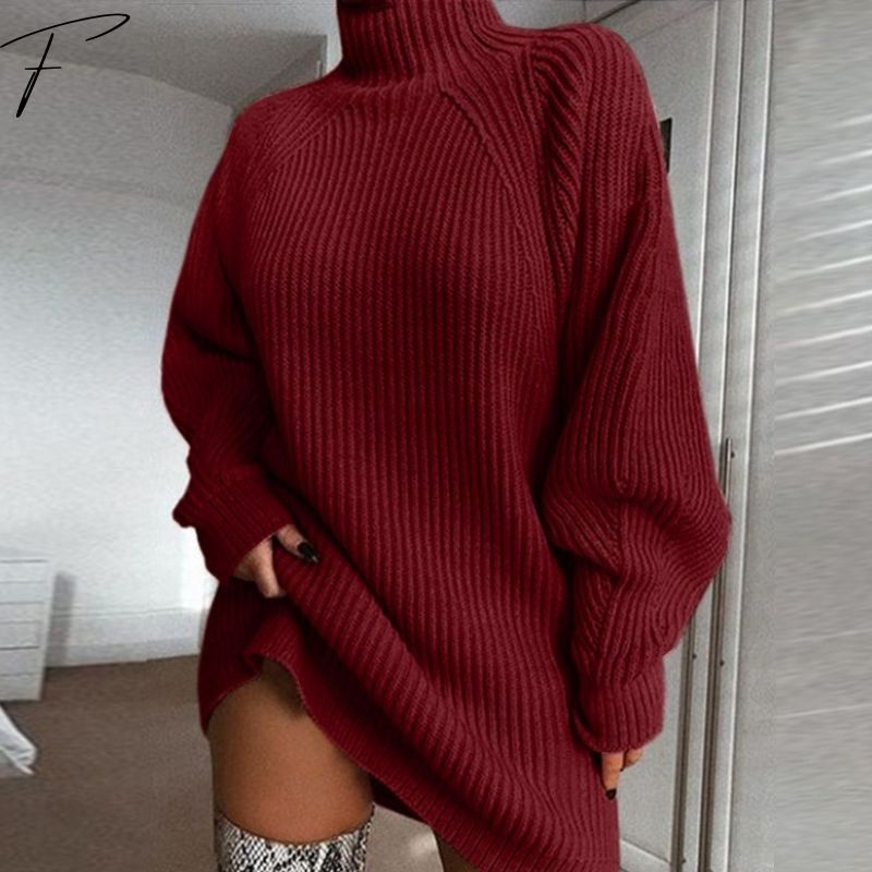 Women's Oversized Knitted Jumper with Roll Neck and Ribbed Texture