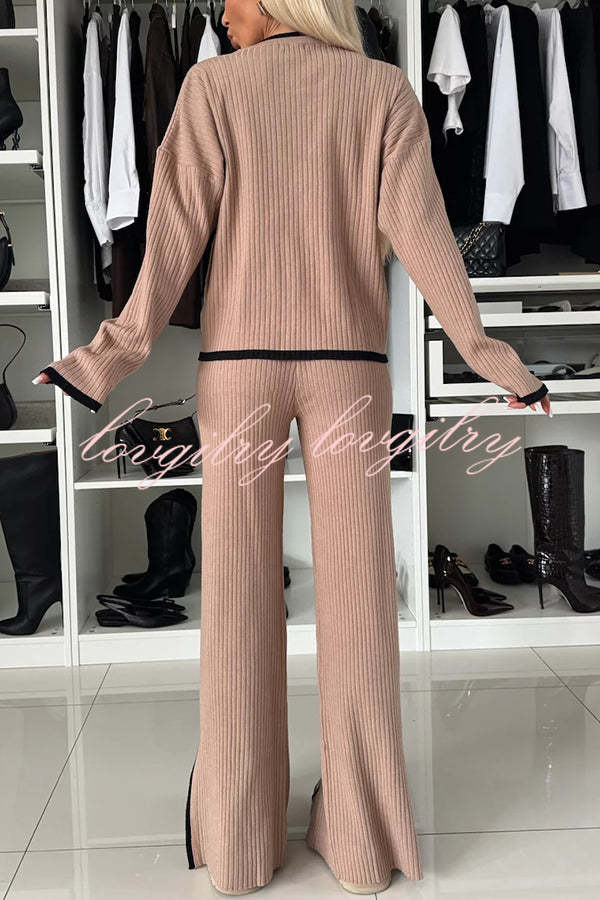 Women's Knitted Co-Ord Set with Button Front Cardigan and Wide Leg Trousers