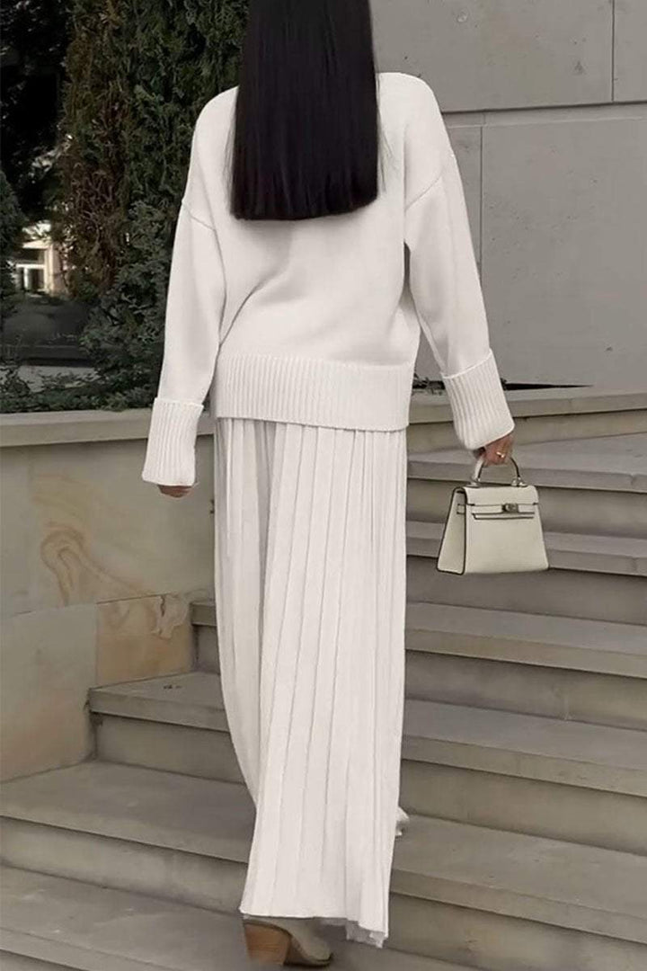 Women's Knitted Co-Ord Set with Long Sleeve Top and Pleated Wide Leg Trousers