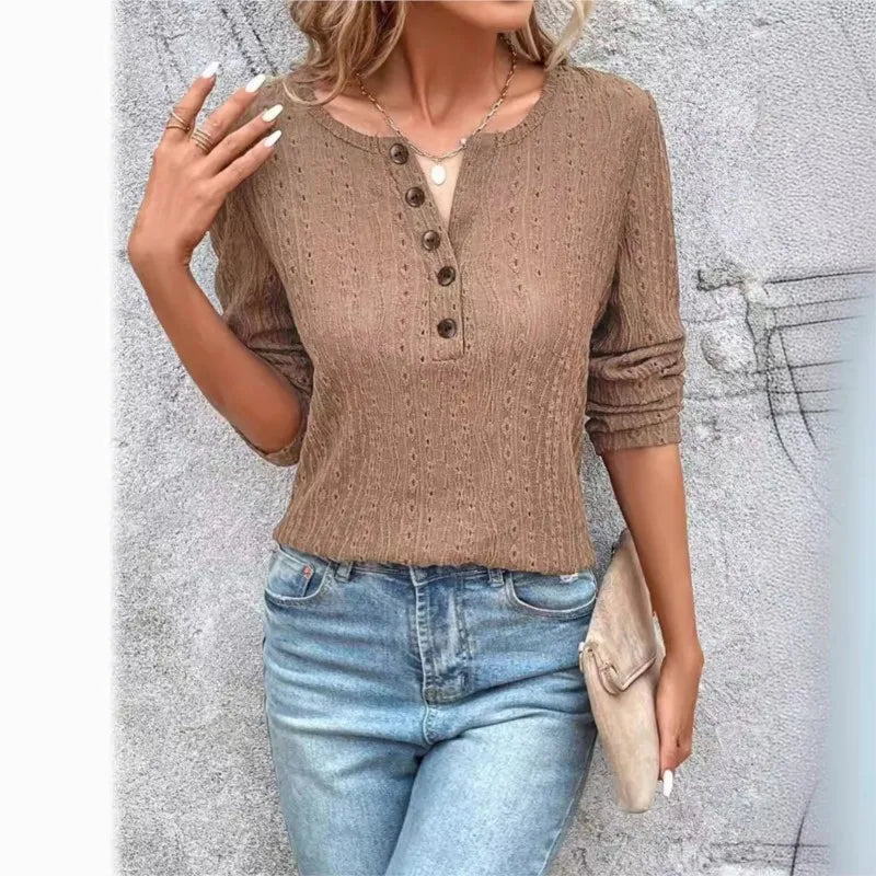 Women's Cable Knit Jumper with V Neck and Button Detail
