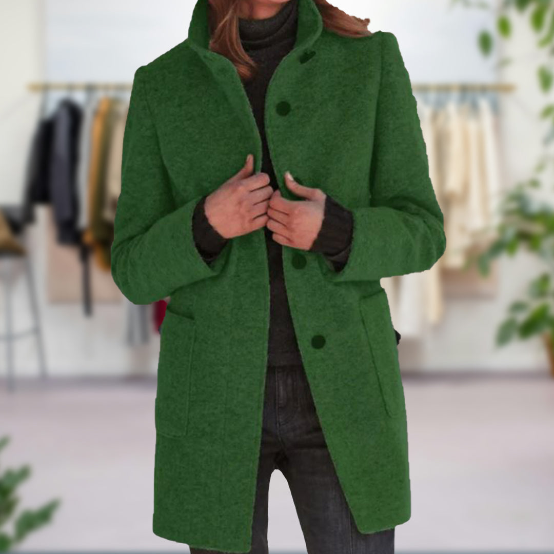 Women's Funnel Neck Longline Coat with Button Front and Tailored Fit