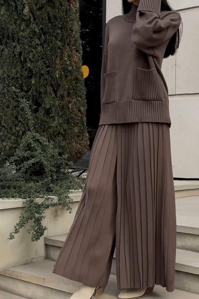 Women's Knitted Co-Ord Set with Long Sleeve Top and Pleated Wide Leg Trousers