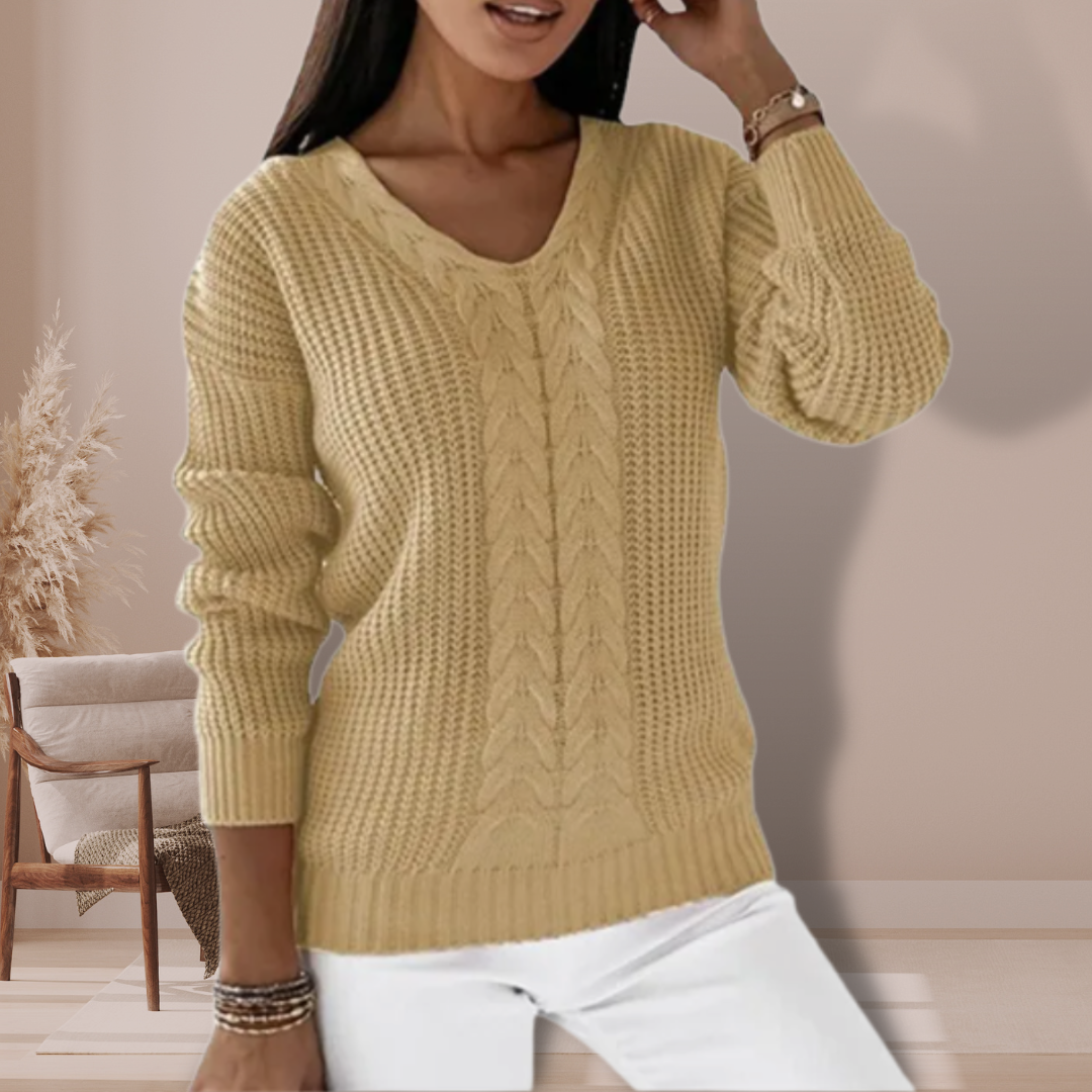 Women's Cable Knit Jumper with V Neck and Long Sleeves